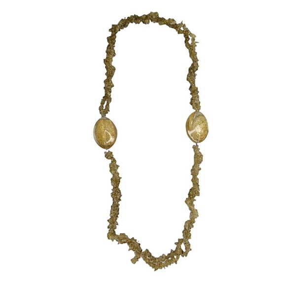 Yellow Amber Color Glass Chip Beaded Twisted Oval Gold Metallic Necklace - Picture 4 of 10